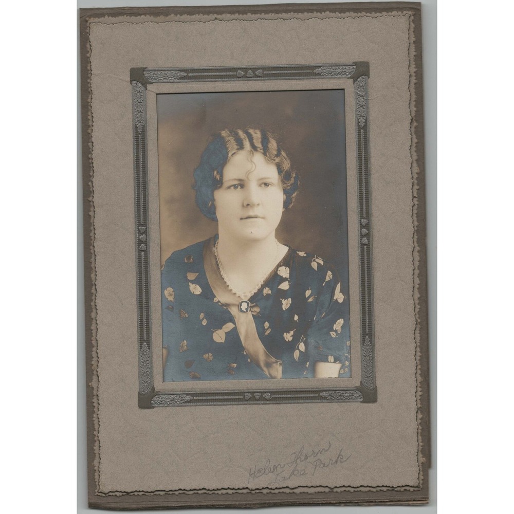 Antique Hand Colored Studio Portrait Helen Thorin Lake Park 1920s Floral Dress - Picture 1 of 1